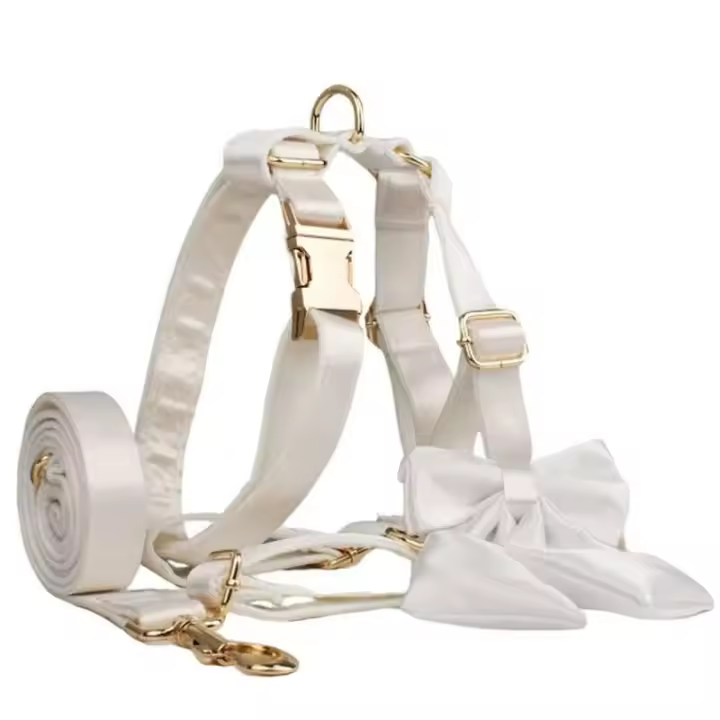 Conjunto Arneses de Seda de Lujo para Perros y Gatos Alta Calidad, Blanco, Tallas XS-XL - 1