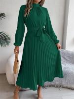 Vestido plisado elegante con cuello levantado y manga larga y cintura cerrada para mujer, vestido largo de Otoño Invierno - details 29
