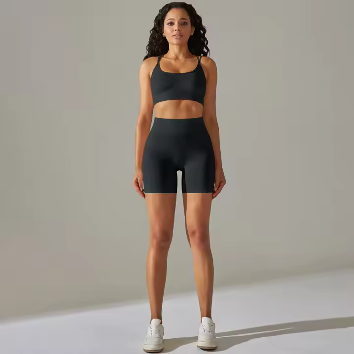 Nessaj-chándal de yoga sin costuras, conjunto deportivo sexy, mallas de entrenamiento, ropa deportiva con tirantes cruzados, sujetador y pantalones cortos - 1