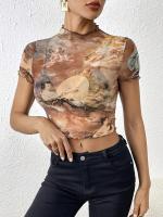 Nueva camiseta de manga corta elegante con estampado de malla, camisetas de manga corta con ribete de oreja de madera para mujeres - details 18