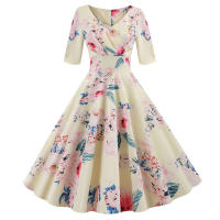 Women floral print casual half sleeve elegant vintage party dress - details 2