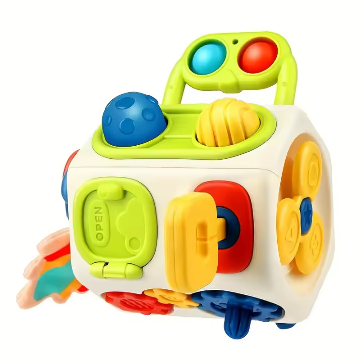 Tablero de actividades sensoriales Busy Cube 10 en 1 - Juguete de aprendizaje interactivo para niños con botones texturizados, formas y sonidos coloridos - Ideal compañero de viaje y regalo para Navidad o el día del niño, juguetes para niños - 1