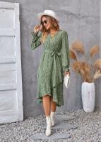 Elegante Vestido Midi de Moda Retro Cuello en V Floral Largo Mango para Mujeres - details 18