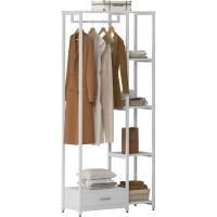 Perchero de ropa Burro, perchero doble de pie con estantes y cajón, perchero de madera 3 en 1 con 4 niveles para dormitorio - details 0