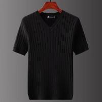 Camiseta de verano para hombre, manga corta, estilo fino, corte entallado, cuello en V, Top de punto, capa Base de rayas versátil y cómoda - details 3