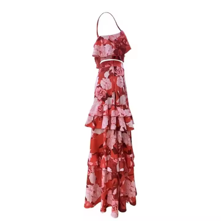 Conjunto de dos piezas con estampado, chaleco corto, falda en capas, falda larga de verano para mujer, diseño de alta gama. - 1