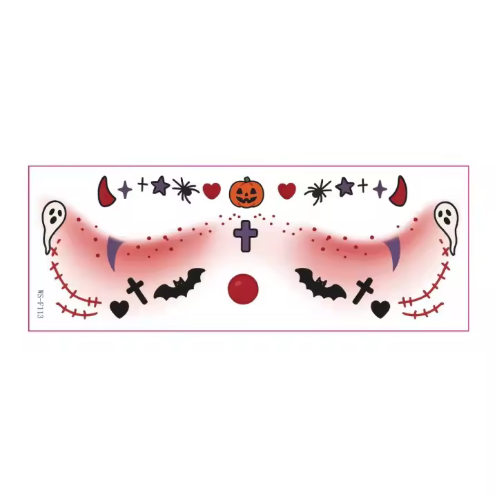 Tatuaje facial desechable para Halloween, pegatinas temporales impermeables de larga acción para mejillas, pegatinas transparentes de cara de murciélago aterrador para niños - 1