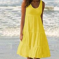 Vestido Mini Informal sin Mangas con Cuello Redondo para Mujer Vestido Bohemio Liso para Playa - details 1
