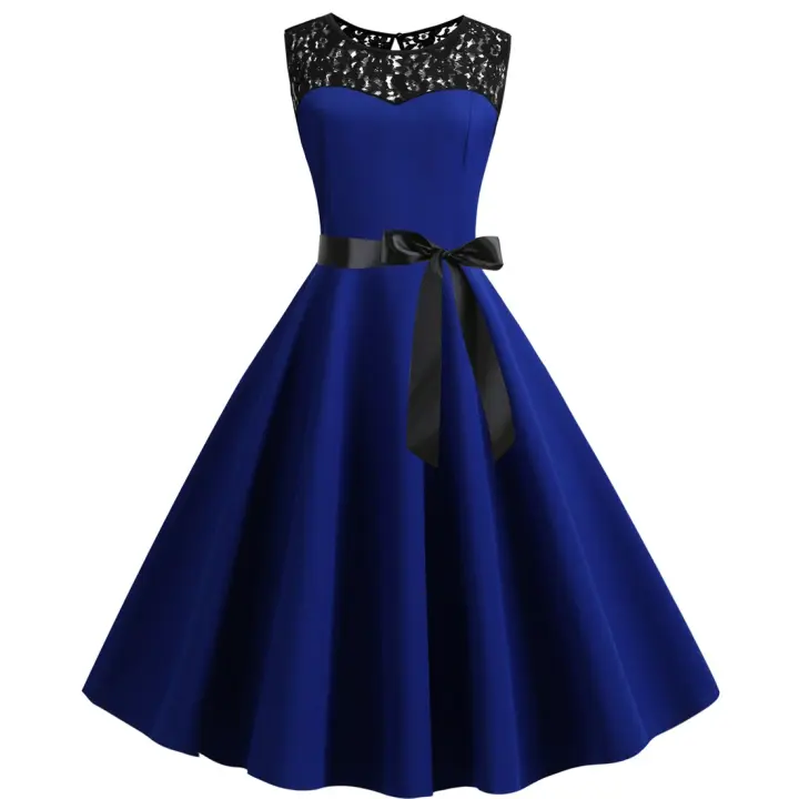 Vestido de Cintura con Cordones de Encaje Retro de Verano para Mujer Cuello Redondo de Encaje Negro de Solido con Estilo de Dobladillo - 1