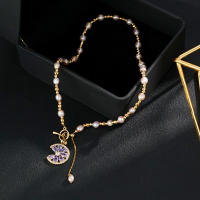 Color púrpura chara hadas collar de perlas de agua dulce para mujeres oro real chapado micro incrustado con circonitas púrpura colgante gargantilla - details 0