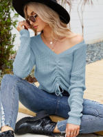Suéter de manga larga con cuello en V, suéter Sexy de Color sólido Irregular con cordón, Top de otoño e invierno, nuevo - details 4