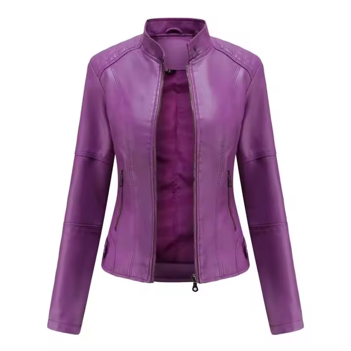 Chaqueta de cuero con cuello levantado para mujer, Chaqueta corta ligera para motocicleta, primavera y otoño - 1