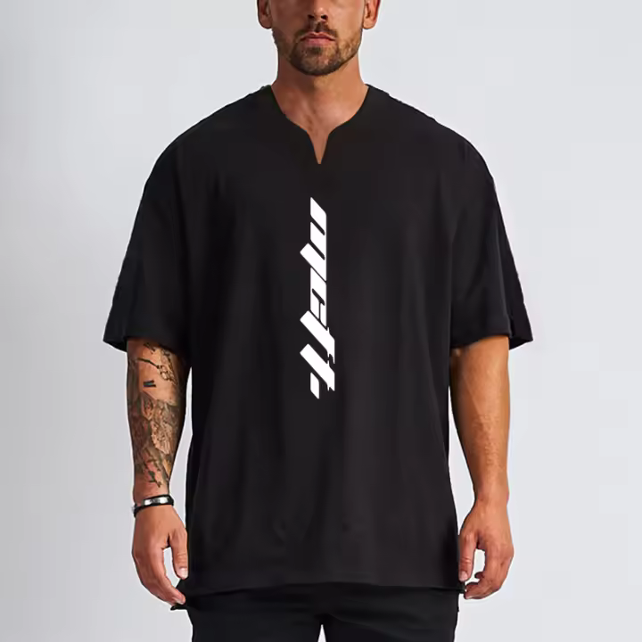 Camiseta Extra grande de algodón para hombre, camiseta de manga corta con estampado de cuello en V, de talla grande, de verano - 1