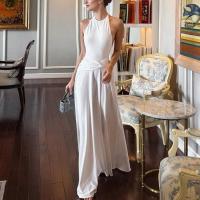 Vestido largo de corte A sin mangas con cuello halter y espalda descubierta de color sólido para mujer - details 1