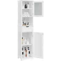 Mueble de baño de esquina, gabinete triangular de 163 x 60 x 43 cm con 3 estantes de madera abiertos y 1 armario de 3 alturas ajustables con protección antivuelco, gabinete blanco - details 12