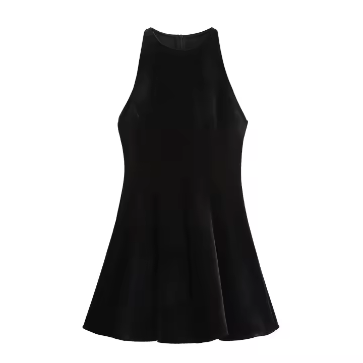TRAFZA-Vestidos de fiesta lisos de cintura alta para mujer, Vestido corto plisado sin mangas con cuello redondo, minifalda de terciopelo a la moda, verano - 1
