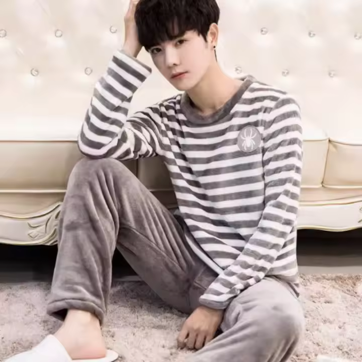 Pijama Caliente Para Hombre Otoño Invierno Coral polar Manga Larga Tejido Suave Confor Para Dormir Ropa Casera Joven - 1