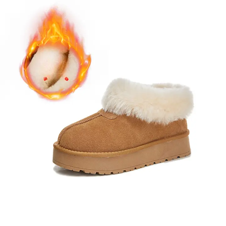 Botas de nieve de cuero Forro polar de suela gruesa Botas cortas de pelo real cálido - 1
