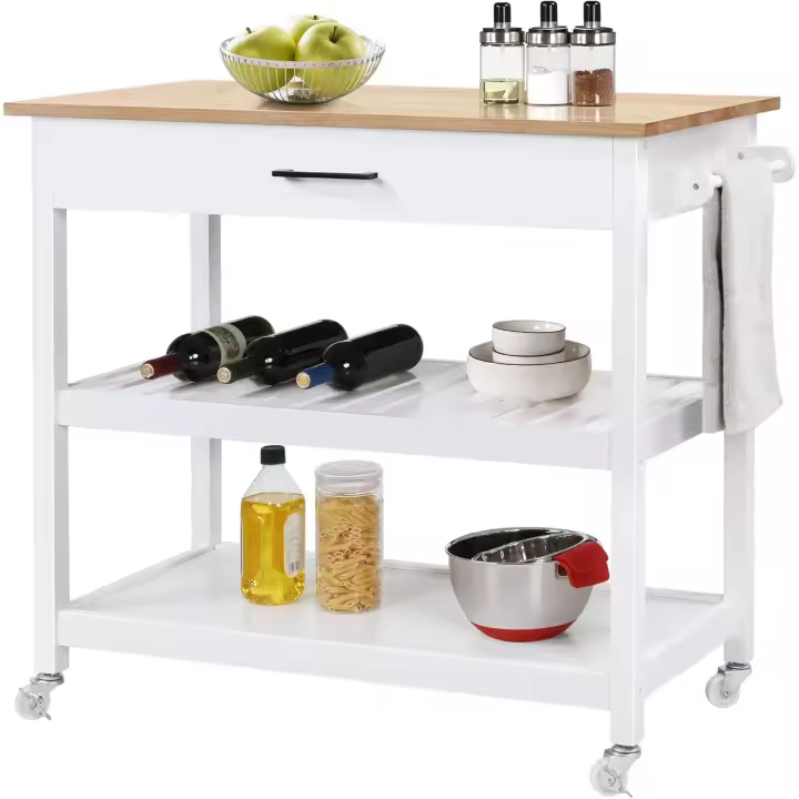 Carro con Ruedas, Carrito Auxiliar de Cocina Mesa con Estante Cajón Armario 101x 51x92cm, Madera, Blanco - 1