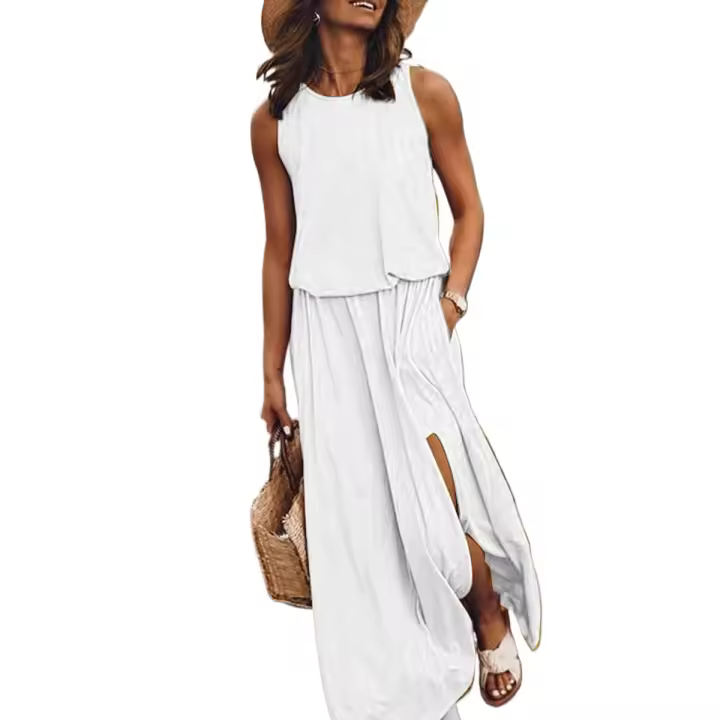 Verano 2025 nueva ropa de mujer europea y americana vestido sin mangas con cuello redondo vestido largo de color sólido multicolor con puntas divididas. - 1