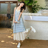 Vestido largo holgado Retro de verano para mujer, vestido con tirantes de dos piezas falso a cuadros para mujer - details 0