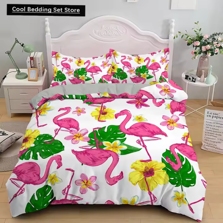 Juego de Ropa de Cama de Flamenco 3D Tamaño Rey-Reina Funda de Edredón de Animales de Dibujos Animados Rosa 2/3pcs Cubierta de Edredón de Poliéster - 1