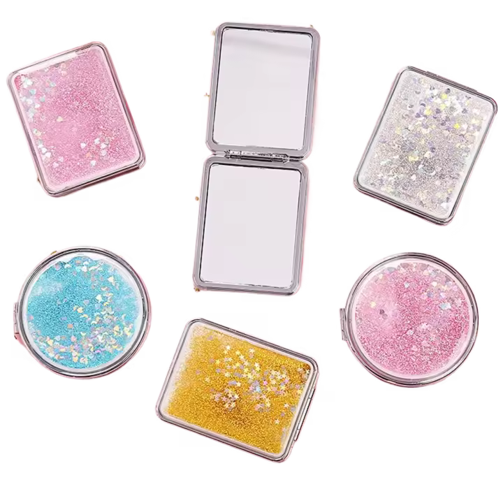Herramientas cosméticas, espejo de maquillaje con arena movediza, espejo plegable brillante y brillante, espejo de bolsillo de tocador cuadrado redondo de pie, maquillaje - 1