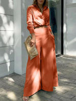 Women casual 2 pieces set elegant turn down collar long sleeve shirt and wide leg pants - details 4