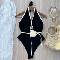 Traje de baño de una pieza liso con flores en 3D, traje de baño negro/blanco para mujer, traje de baño sexy con cuello en V profundo, traje de baño sin espalda para mujer - details 1