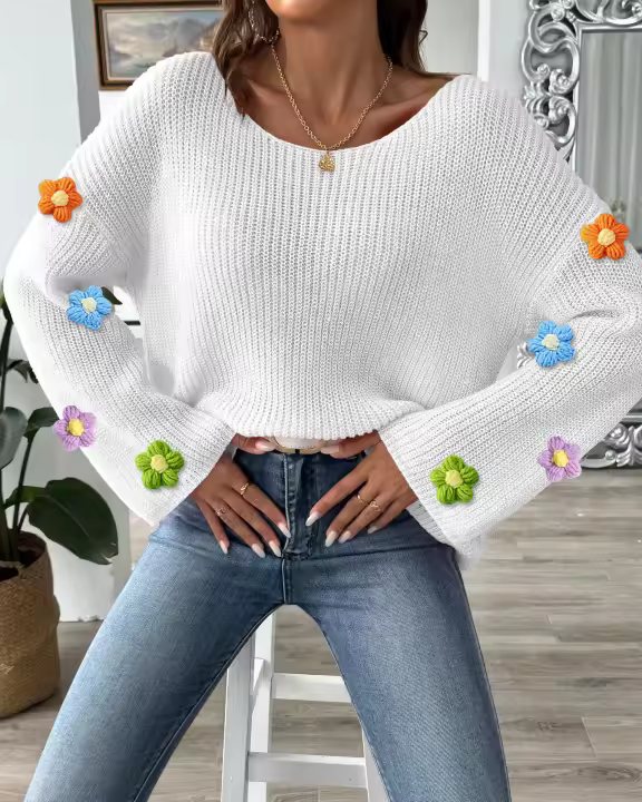 Suéter casual de cuello redondo para mujer de otoño, top de punto - 1