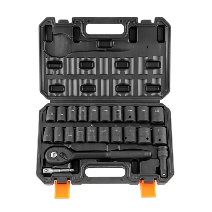 SucceBuy Juego de llaves de impacto de 1/2", 23 piezas SAE (7/16" - 1") y métricas (13-24 mm), acero de aleación Cr-V de 6 puntos para reparación de automóviles - 1