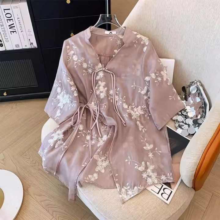 Vestido de talla grande para mujer, camisa informal de gasa de verano, cárdigan holgado y cómodo de estilo chino, top ligero y transpirable - 1