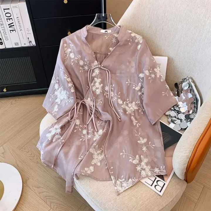 Vestido de talla grande para mujer, camisa informal de gasa de verano, cárdigan holgado y cómodo de estilo chino, top ligero y transpirable - 1