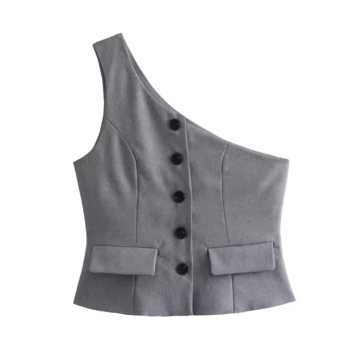 BUNO-moda disimetría chaleco sin mangas para mujer 2024 verano elegante de un solo pecho con bolsillos chalecos grises última novedad - 1