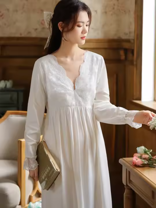 Camisones Vintage de algodón con volantes y encaje con cuello en V para mujer, camisón de manga larga, vestido de noche victoriano romántico de princesa, ropa de dormir - 1