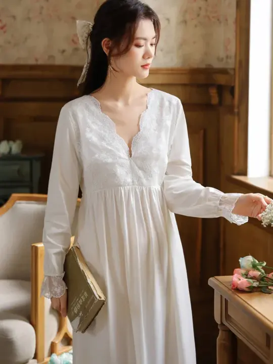 Camisones Vintage de algodón con volantes y encaje con cuello en V para mujer, camisón de manga larga, vestido de noche victoriano romántico de princesa, ropa de dormir - 1