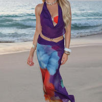 BUNO-Conjunto de 2 piezas de retazos de malla de gato extraño para mujer, Tops cortos con cuello Halter y faldas coloridas, trajes de fiesta en la playa a la moda para vacaciones - details 1