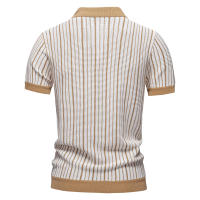 Camisa Polo Para Hombre AIOPESON 2025 Con Patrón Rayado Y Panel De Contraste Malla Transpirable Cuello En V Corto Estilo Casual Verano - details 2