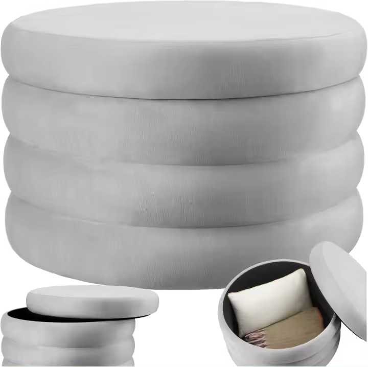 Taburete Almacenaje Bouclé, Carga: 120 kg, MDF, Puff Almacenaje, Taburete Dormitorio, Reposapies Puff, Zapatero Entrada Recibidor, Asiento Acolchado, Ideal Salón Hogar - 42 x 47 cm Crema - 1