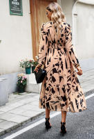 Vestido de manga larga con cuello en V estampado informal para vacaciones de otoño a la moda para mujer - details 19