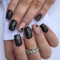 ARTAUG 24PCS Uñas Postizas De Presión Cuadradas Medianas Y Brillo Negro Con Polvo Uñas De Color Caramelo Para Verano Adornos Para Uñas - details 0
