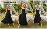 Vestido largo de verano para mujer, estilo bohemio, con tirantes delgados, cuello cuadrado, volantes, casual, fluido
