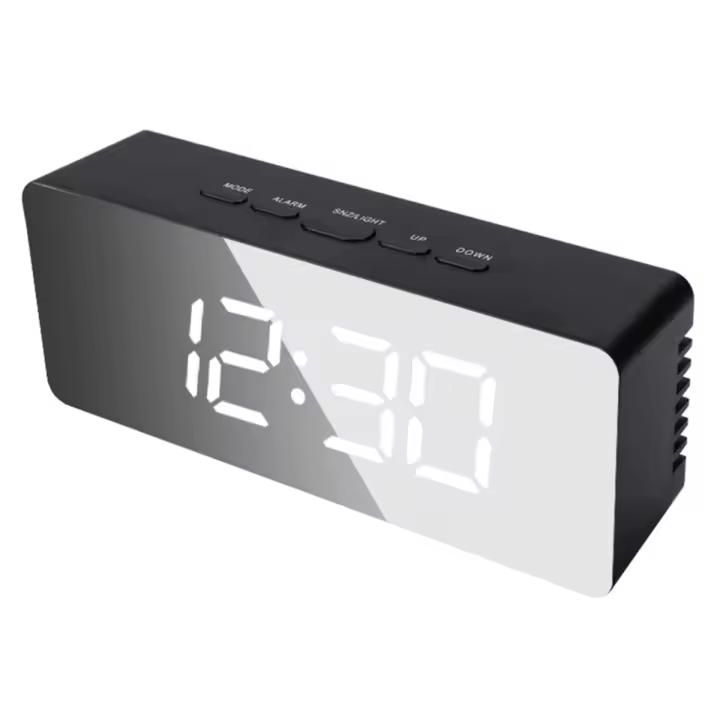 Reloj Digital con espejo LED para dormitorio, oficina, viaje, reloj de mesa electrónico, despertador de escritorio, función de temperatura, negro - 1