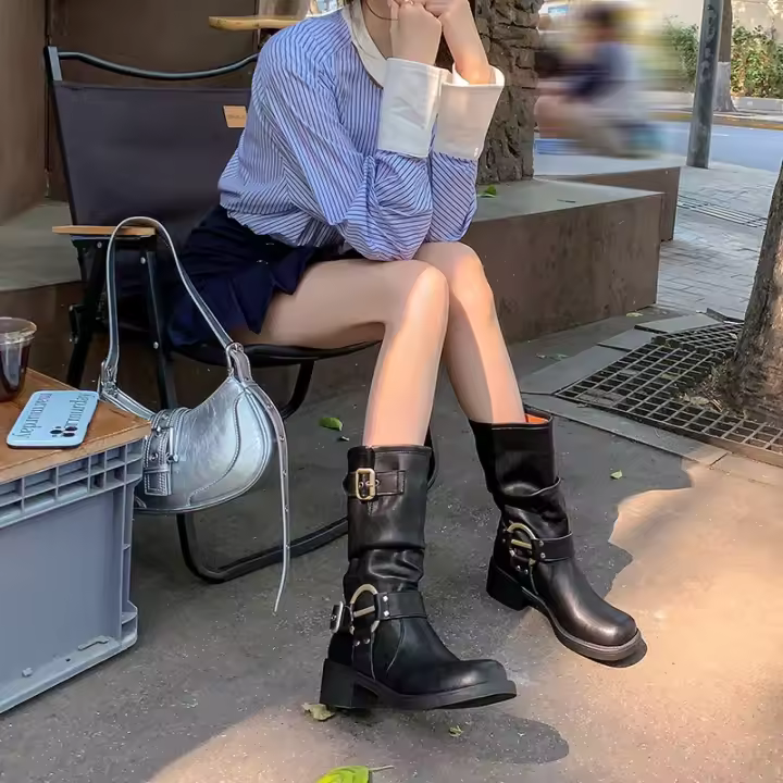 Botas vaqueras occidentales de cuero suave europeo y americano, con hebilla de cinturón y plataforma, de altura media. - 1