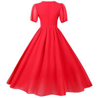Elegante vestido de fiesta largo de gasa con cuello en V, mangas cortas tipo farol y color sólido para mujer, verano. - details 14