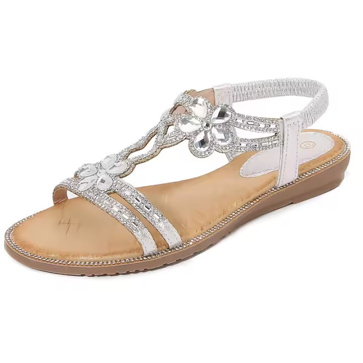 Sandalia de gran tamaño con diamantes de imitación Sandalias de moda con punta redonda, tacón plano, estilo ahuecado, zapatos cómodos de mujer para verano - 1