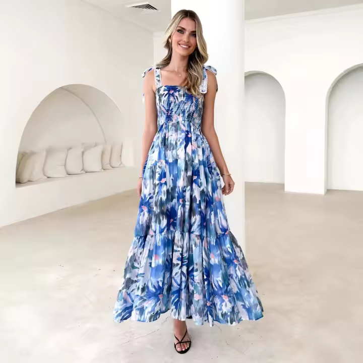 2025 Primavera/Verano ropa de mujer tirando de la correa de cintura elástica gran Swing vestido largo estampado falda niños - 1