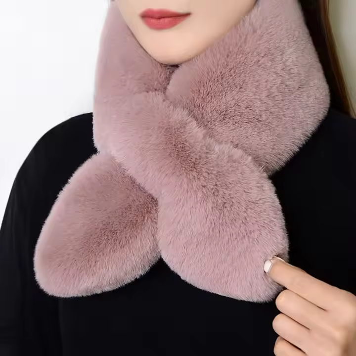 Bufanda de piel sintética de conejo para mujer y niña, chal cálido de felpa gruesa para el cuello, envoltura cruzada bonita, Invierno - 1