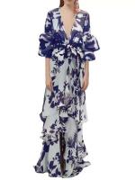Vestidos de fiesta con volantes estampados para mujer, Vestido largo con manga acampanada y escote en V profundo, Vestido bohemio Irregular con cintura atada a la moda - details 5