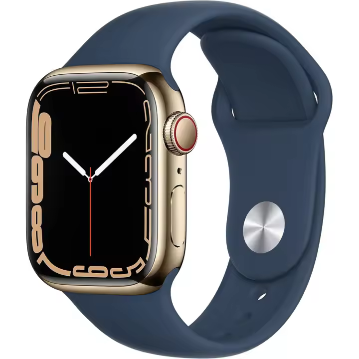 Reloj inteligente Apple Series 7 [GPS + celular de 41 mm] con caja de acero inoxidable dorada y correa deportiva azul Abyss (renovado) - 1